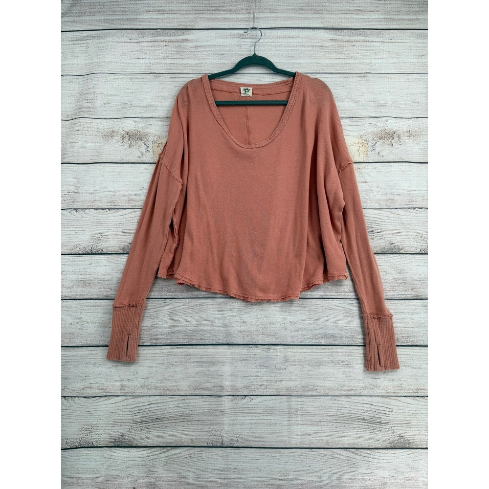 We The Free Top Women L Terracotta Raw Edge Oversized Thumbhole Scoop Neck